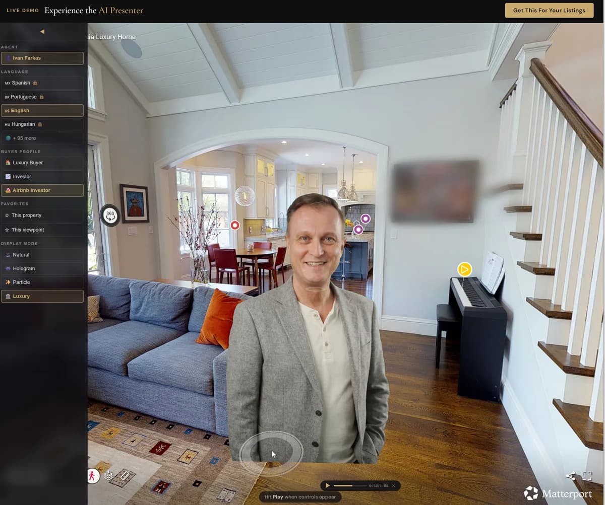 AI presenter showing a property in a Matterport digital twin