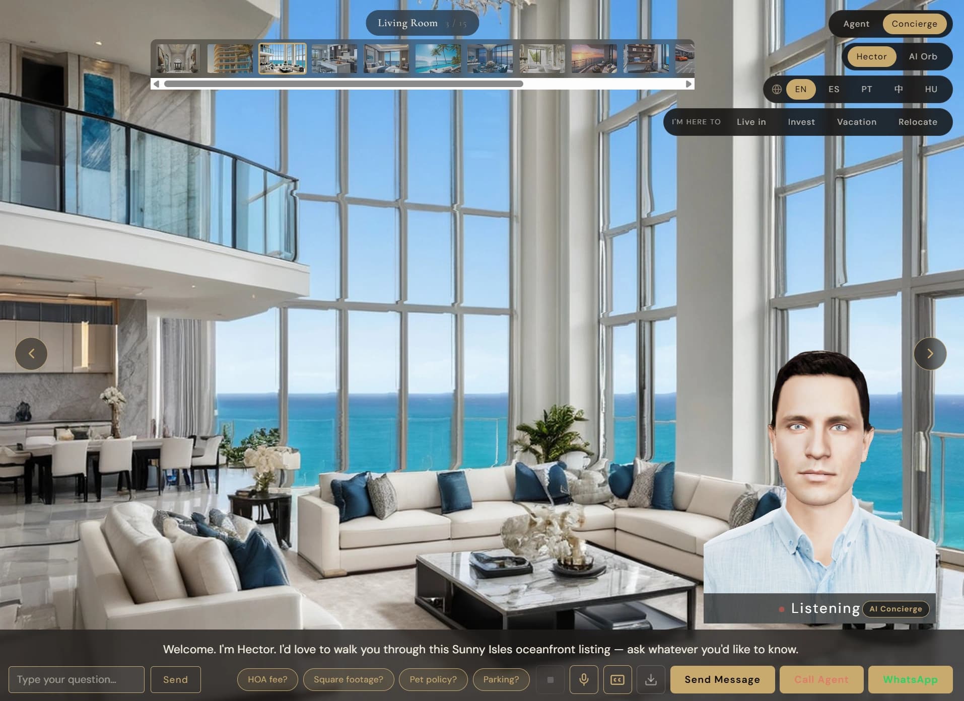 Hector, the AI concierge, answering in Spanish inside a listing gallery