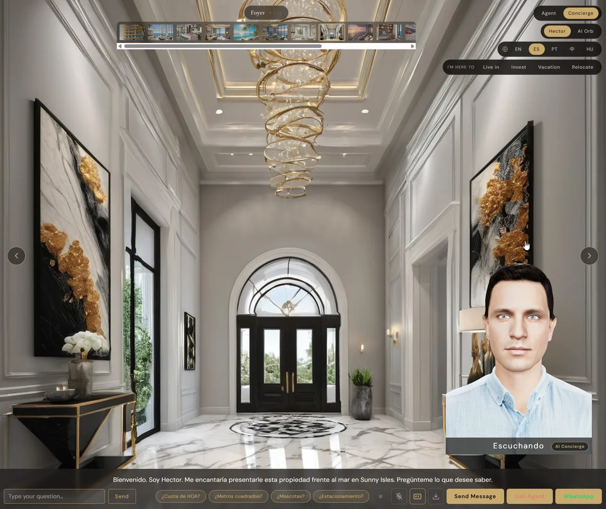 Hector, the AI concierge, answering in Spanish inside a listing gallery