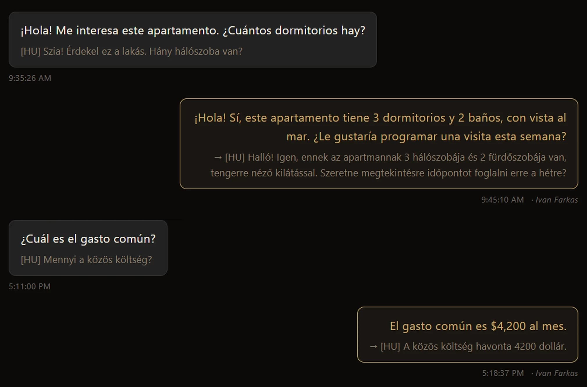 Broker view of a buyer conversation showing each message in the buyer's language and in English, with sender attribution and timestamps.